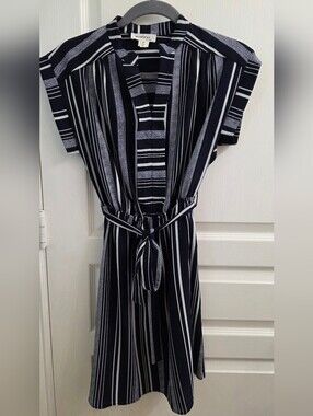 Monteau Black & White Striped Midi Dress with Tie Waist